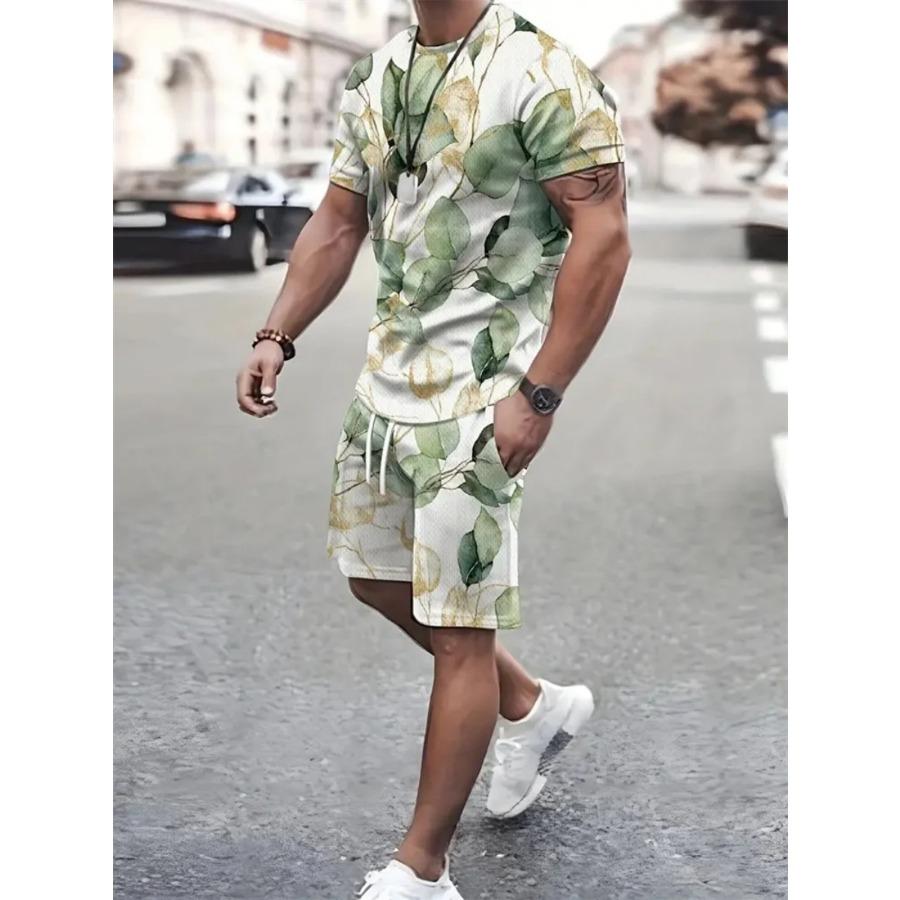 Summer Men's Sailor Short Sleeve Set Anchor Print Pattern Short Sleeve Shorts Set Men's Crew Neck T-Shirt and Drawstring Shorts