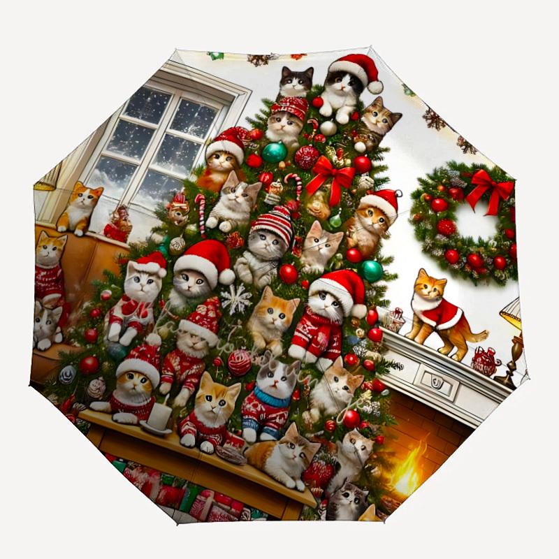 1pc Christmas Cats Automatic Open/Close Folding Umbrella - Compact 8-Rib Design, Daily Use, Perfect Gift for Friends & Family yy251124192