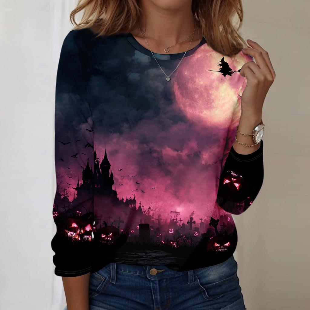 Women's Casual Long Sleeve Crewneck Top with Halloween Print for Fall Festive Wear