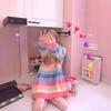 Women's Round Neck Long Sleeve Striped Sweatshirt Loose Fit Casual Top Rainbow Stripe Oversized Autumn Layering Pullover