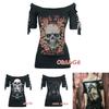 Stylish Women's Fashion Skull Printed Cool Black T-shirt Plus Size Slash Slit Tops