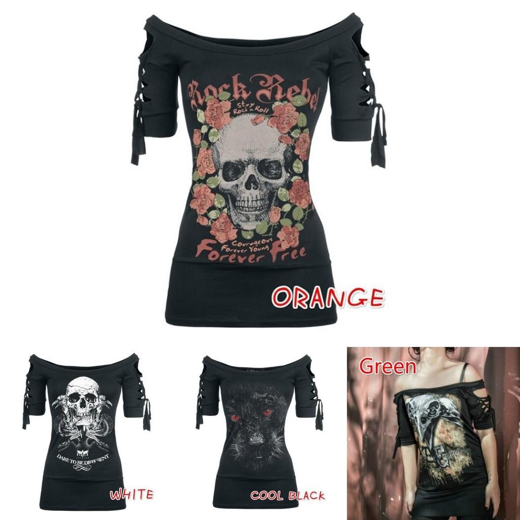 Stylish Women's Fashion Skull Printed Cool Black T-shirt Plus Size Slash Slit Tops
