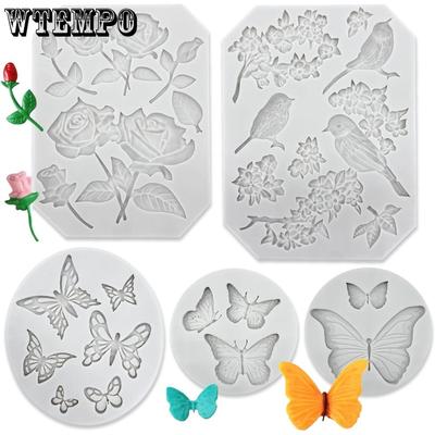 5pcs Butterfly Rose Flower Stems Birds Blossoms Silicone Fondant Mold Crafting DIY Projects and Cake Decoration Silicone Mold Baking Mold