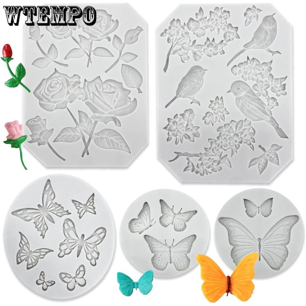 5pcs Butterfly Rose Flower Stems Birds Blossoms Silicone Fondant Mold Crafting DIY Projects and Cake Decoration Silicone Mold Baking Mold