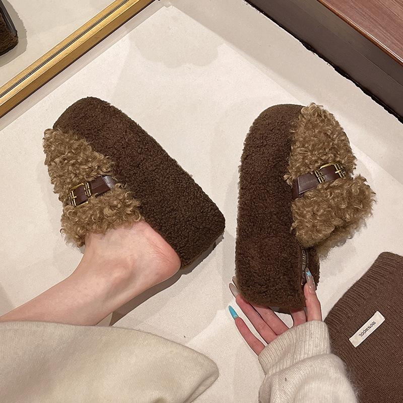 Lamb wool thick bottom height increase outer wear fluffy slippers women's outer wear 2025 new autumn and winter fashion fluffy cotton mop