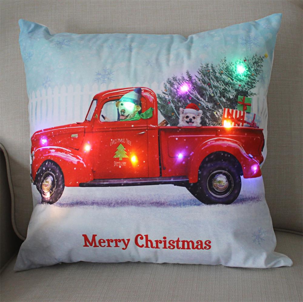 LED Light Christmas Cushion Cover Short Plush Elk Throw Pillow Case for Sofa Luminous Santa Clause Printed Pillowcase Home Decor