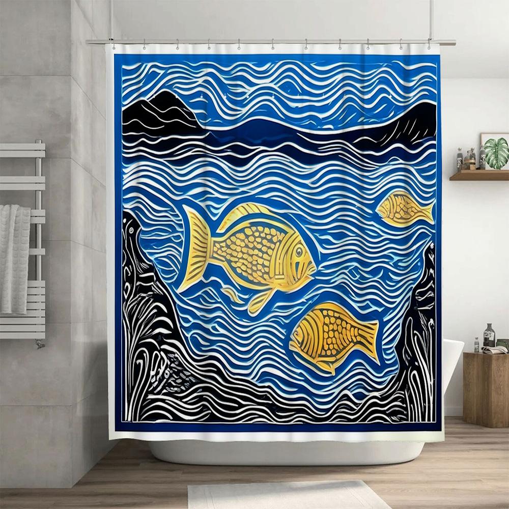 Luxury Blue Fish Print Shower Curtain Artistic Bathroom Decorations for Home Decoration Size72x84 inches (W x H)