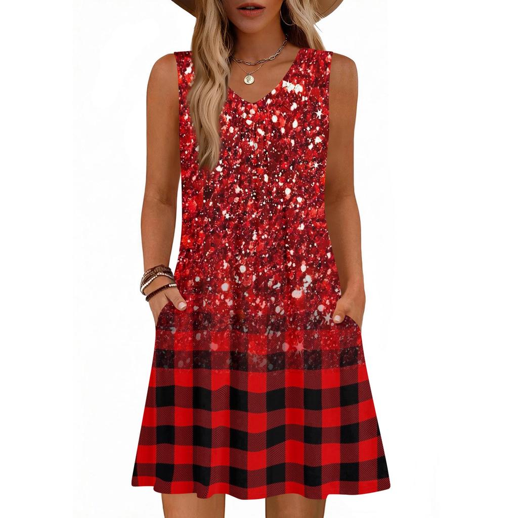 Women's Fashion Printed Summer Sleeveless V-neck Tank Top Pocket Casual Loose Dress