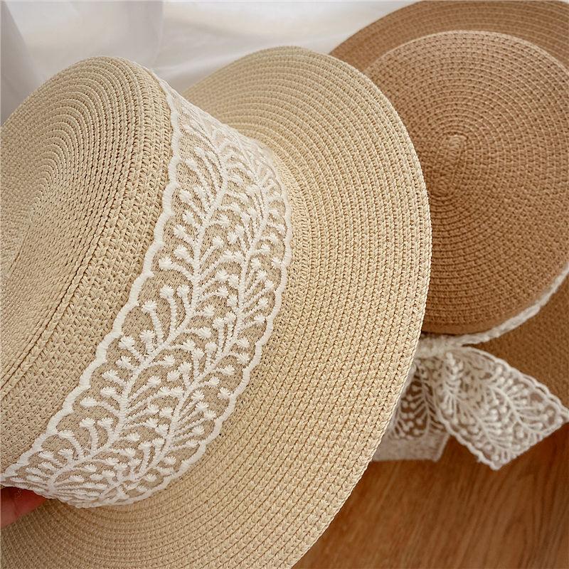 Straw Hat, Countryside Fashion, Versatile, Flat Top Lace Sun Hat, Straw Woven Travel Sun Hat, Sun Protection