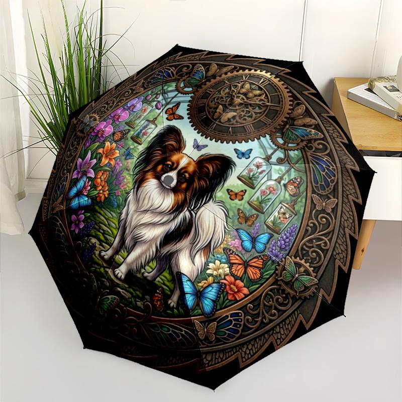 Clockwork Garden Papillon Pattern Umbrella, Portable and Foldable Design, 8 Ribs, a Casual Accessory for Halloween, Christmas, and Birthday Gifts.