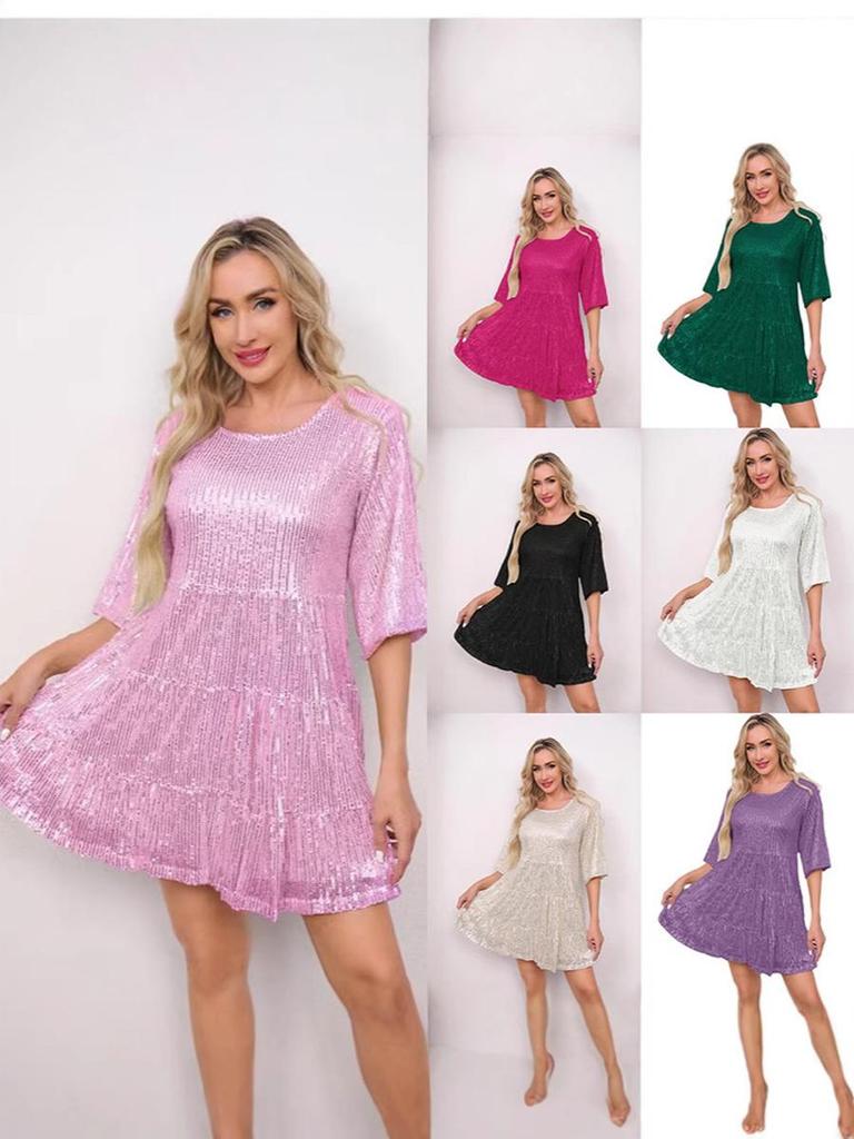 New Style Trendy Solid Loose Waist Short Sleeve Mini Dress Party Evening Sequined Gown