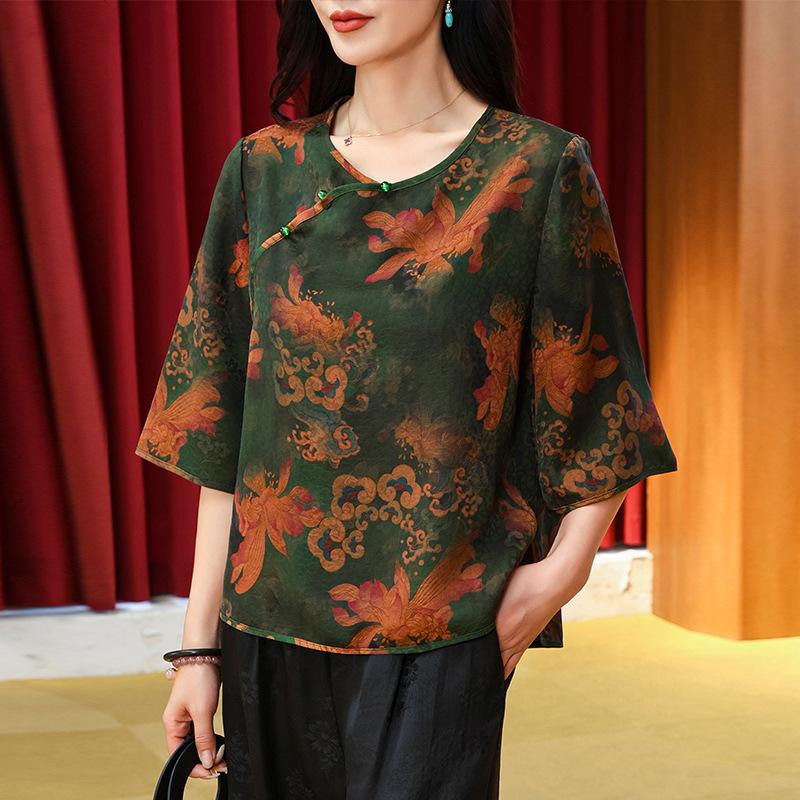

Hualuo fragrant cloud yarn shirt silk mother summer round neck medium sleeve silk top mulberry silk L