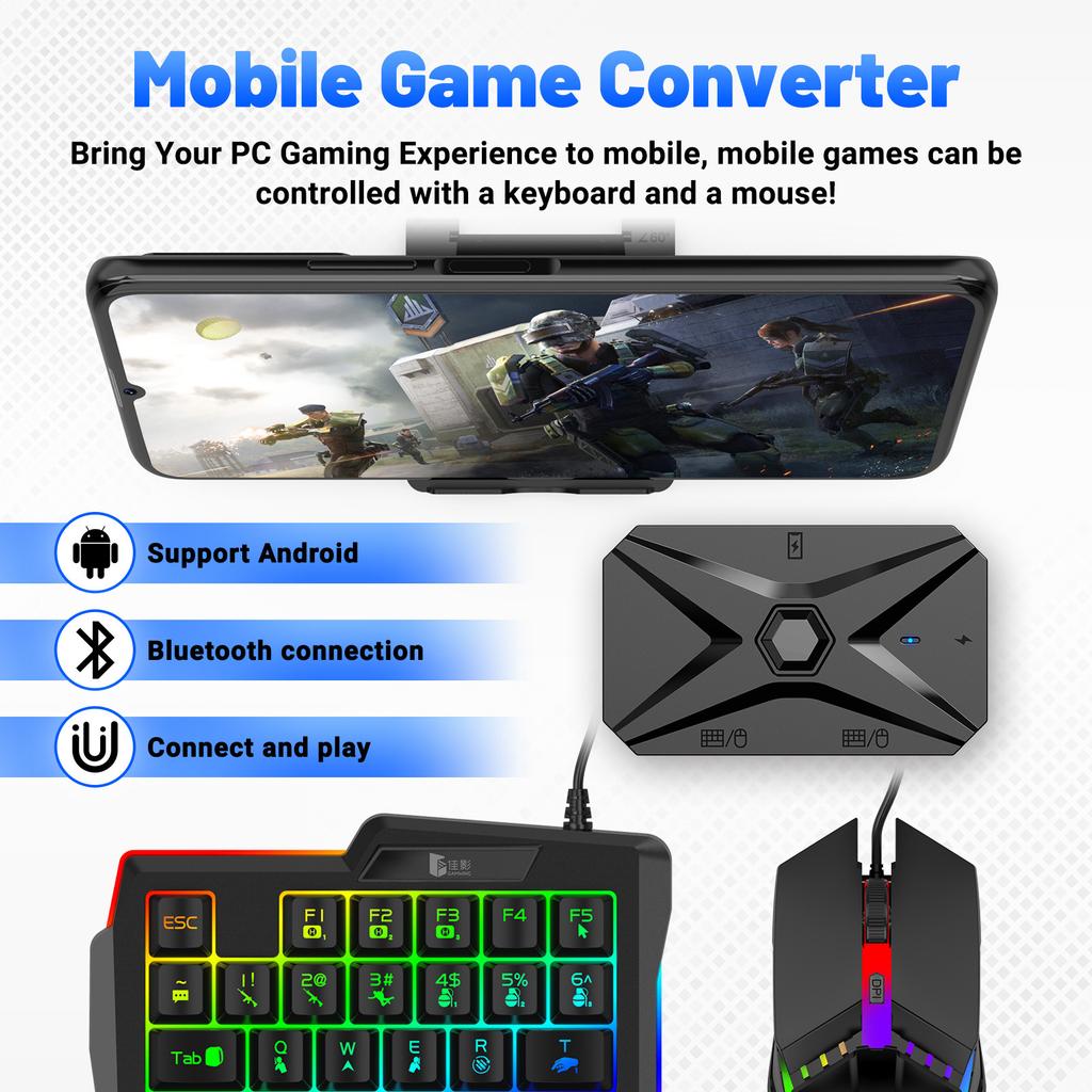 Gamwing M1 Pro+ Adattatore Tastiera Mouse Wireless LED Retroilluminato per Cellulare Android Postura Pistola Pressione per PUBG