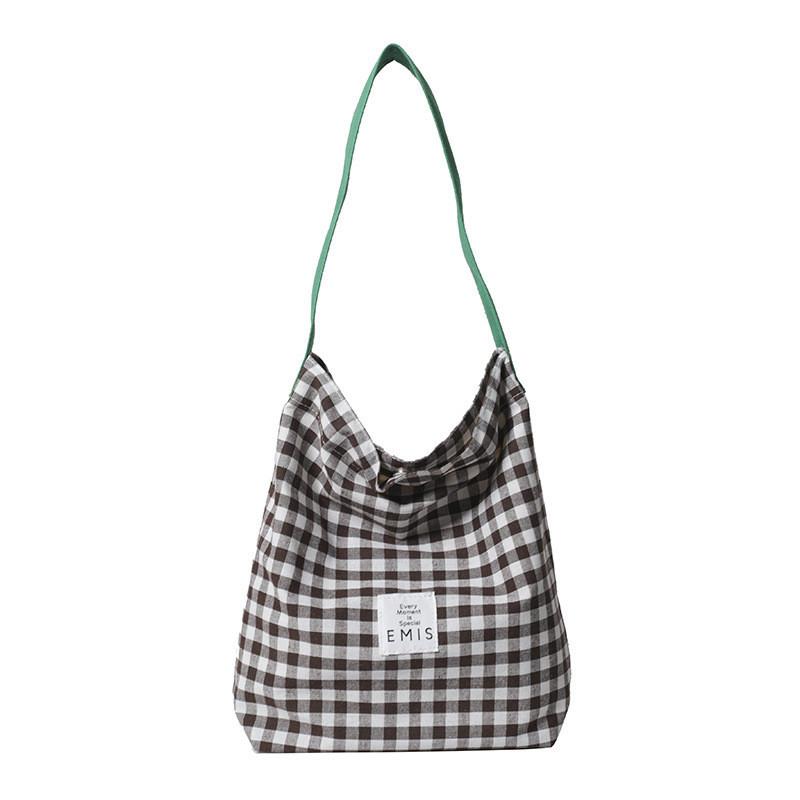 

Street Style Trendy Black Blue Pink Brown Canvas Tote Bag With Car Suture And Plaid Elements коричневий