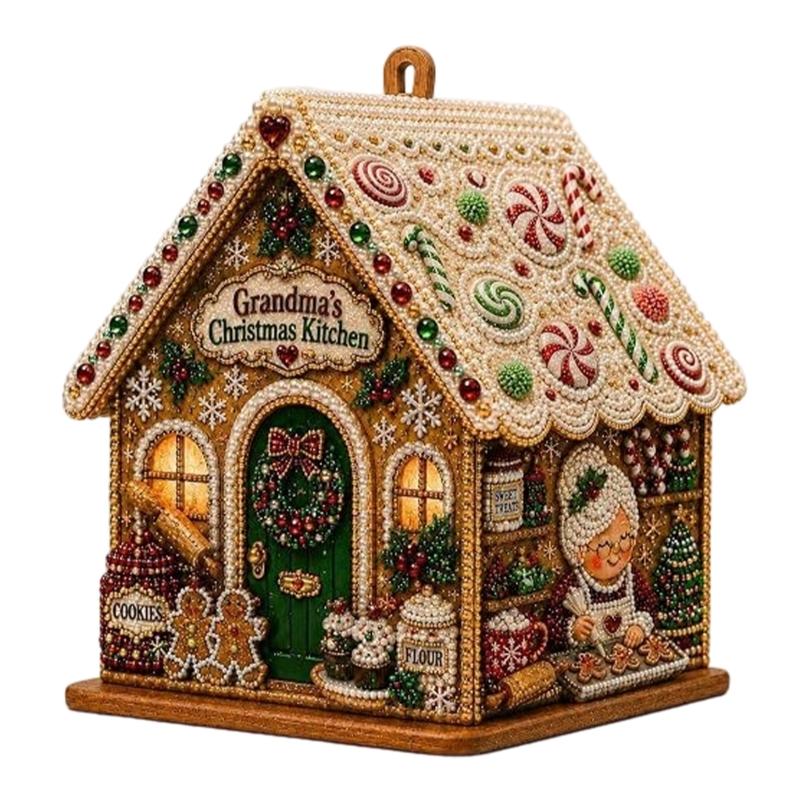 Wooden Christmas Houses Craft Set with Rhinestones Painting Piece, Pearls-Style Accents, and Tools for Hands-On Decorating