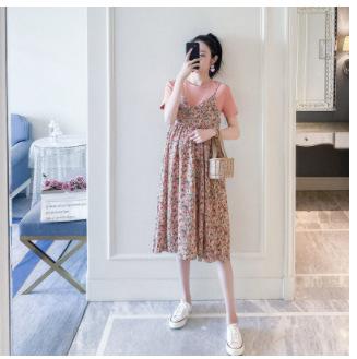 Splicing Print Dress Fake Two-piece Chiffon Summer Short-sleeved Medium and Long Dress Maternity Dress