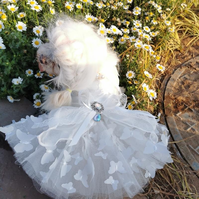 Pure White Wedding Dresses For Small Medium Dogs Puppy Outdoor Coats Fashion Handmade Lace Crystal Bow Dress Pet Dog Clothes
