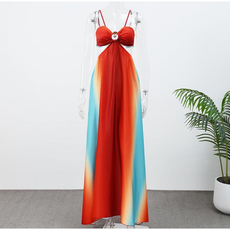 Tie-Dye Farbverlauf Ausgeschnitten Damen Maxi Kleid Elegant Schulterfrei A-Linien Saum Lange Kleider Neu Sommerurlaub Damenroben