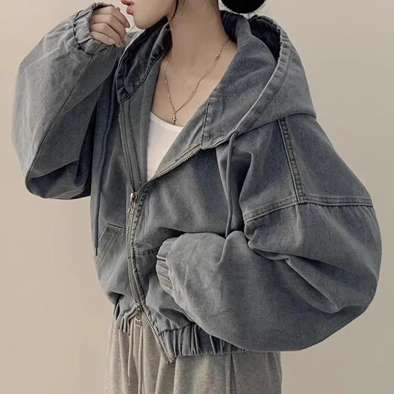 

Denim Jackets Women Hooded Spring Autumn Solid Korean Vintage Loose Zipper Tops Casual Long Sleeved Hooded Short Denim Jacket XS синий