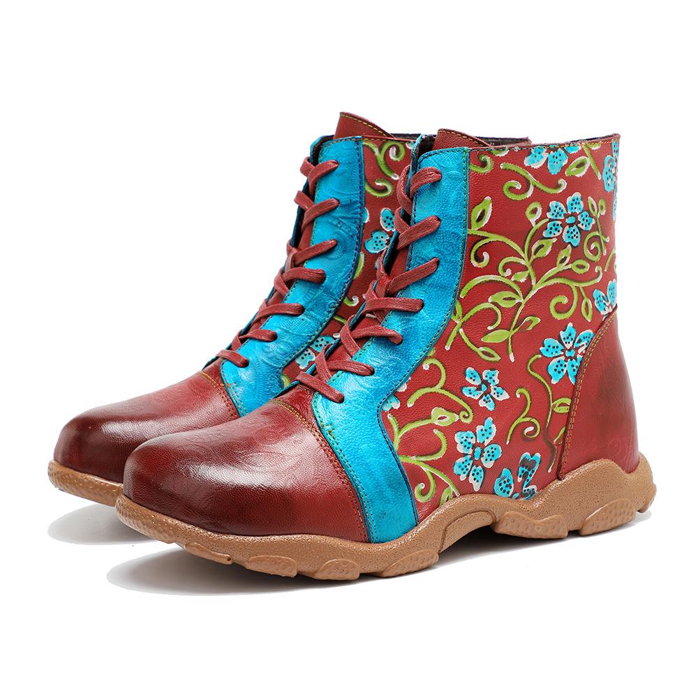 Johnature Damen-Stiefeletten im Ethno-Stil, handgefertigt, aus echtem Leder, mit Kontrastdruck, zum Schnüren, flache Schuhe, kurze Stiefel