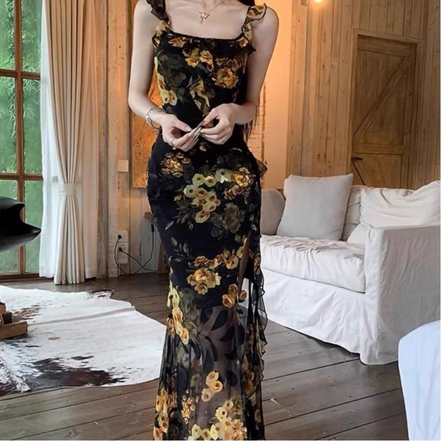 French Retro Temperament, Royal Sister Style, Advanced Sense, Printed Lotus Leaf Edge Suspender Dress, Summer Open-ended Hip-wrapped Long Dress