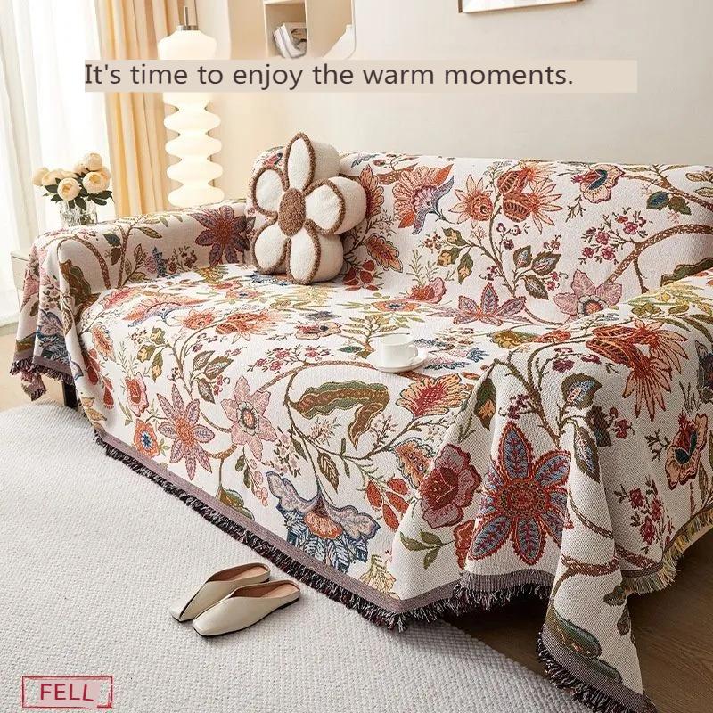 Polyester-cotton sofa cover cloth towel, sofa blanket full cover, flower thickened cover, universal in all seasons, non-slip and anti-cat scratch