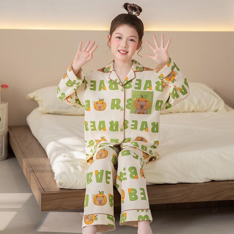 Girls Cotton Pajama Set With Collar Long Sleeve Cartoon Print Fall Kids Sleepwear Comfortable Home Outfit