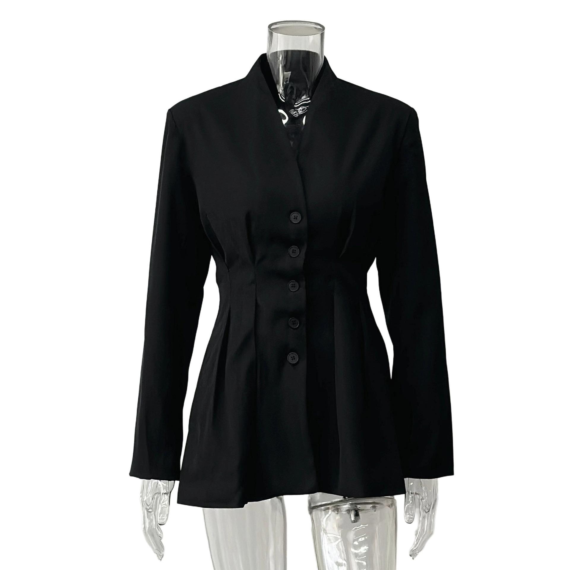 

Новая осенне-зимняя высококлассная ретро однобортная приталенная куртка с длинными рукавами и V-образным вырезом для женщин L чёрный