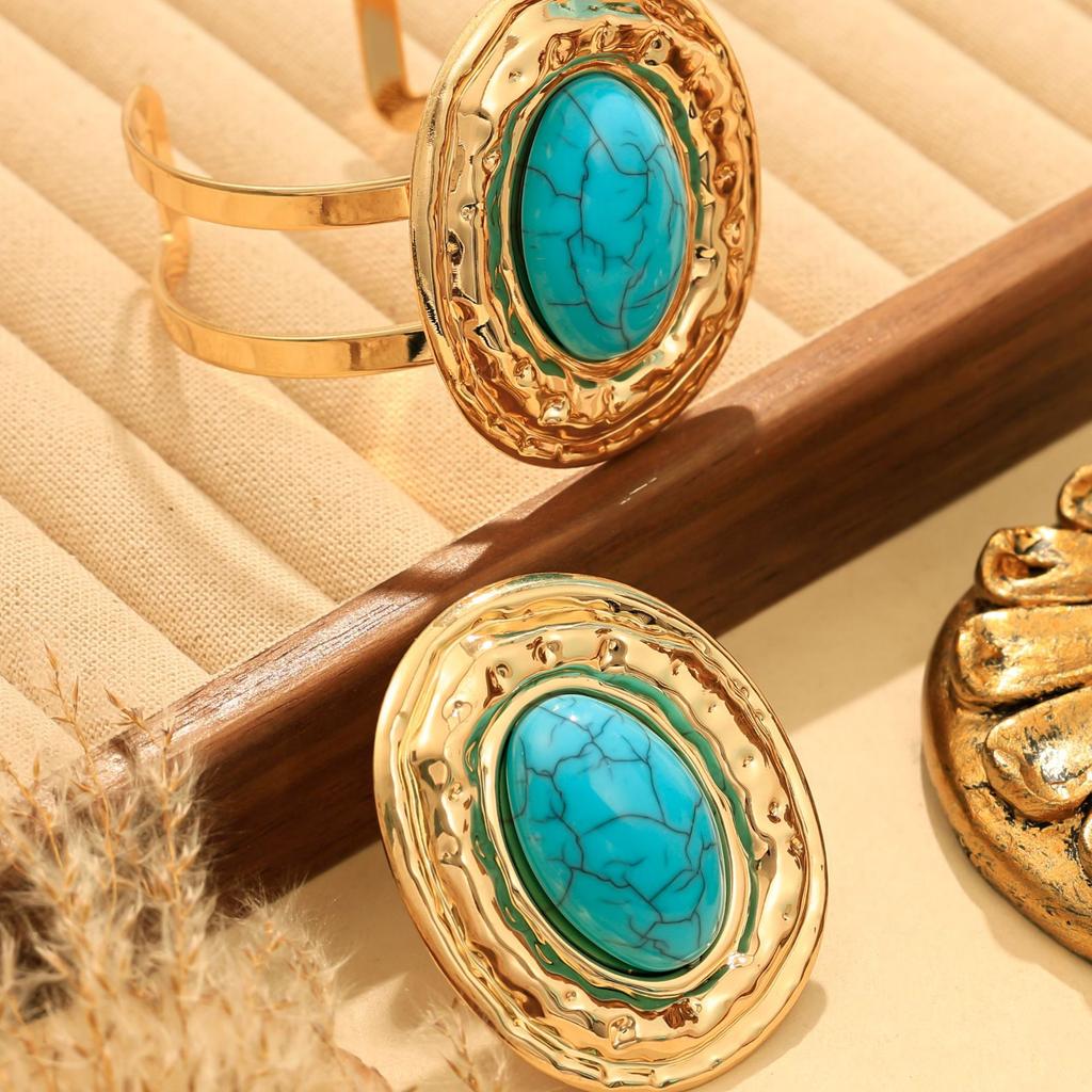 Gorgeous inlaid turquoise bracelet ring set women's exaggerated retro niche women's jewelry