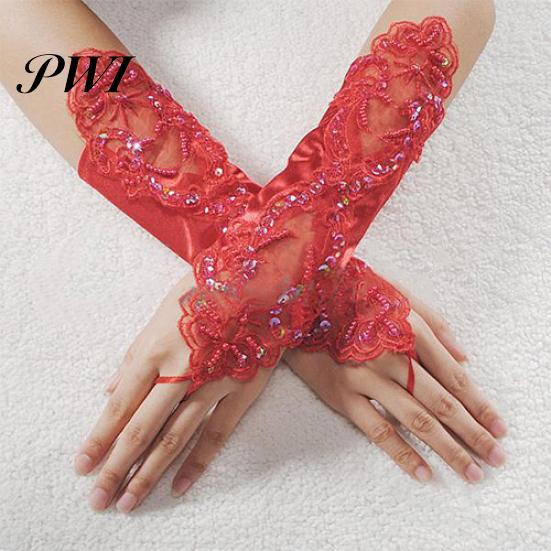 Guantes de encaje con perlas sintéticas para mujer, guantes sin dedos para novia, fiesta de boda, vestido de novia