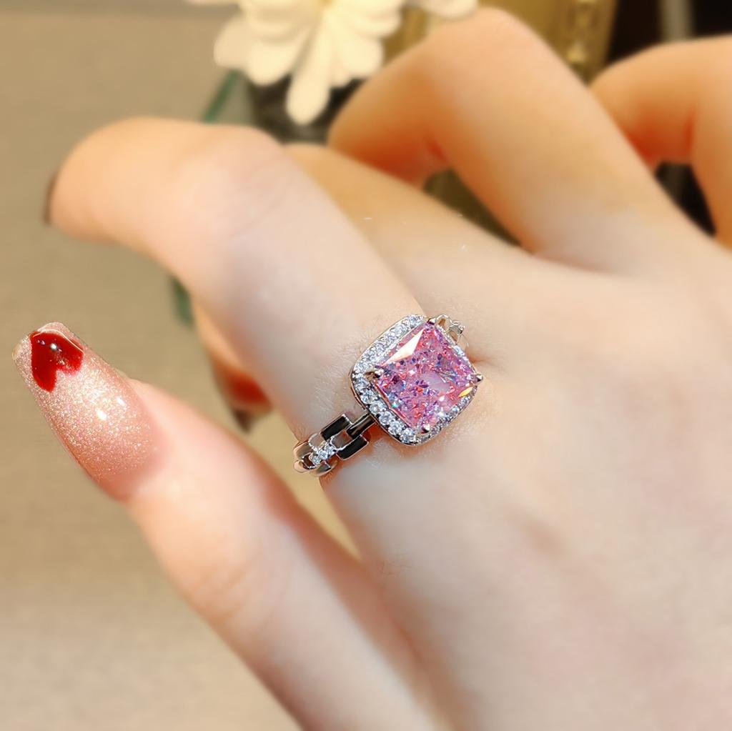 High Carbon Diamond Ice Flower Cut Square Pink Diamond Ring Women'S High Sense Temperament Princess Square Bag Powder Stone Jewelry
