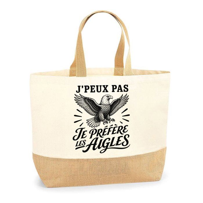 Cabas - PLANETEE - J'peux pas minimaliste (J'peux pas je préfère les Aigles) - Coton lourd - Fond jute - 18 L (48×37×13 cm)