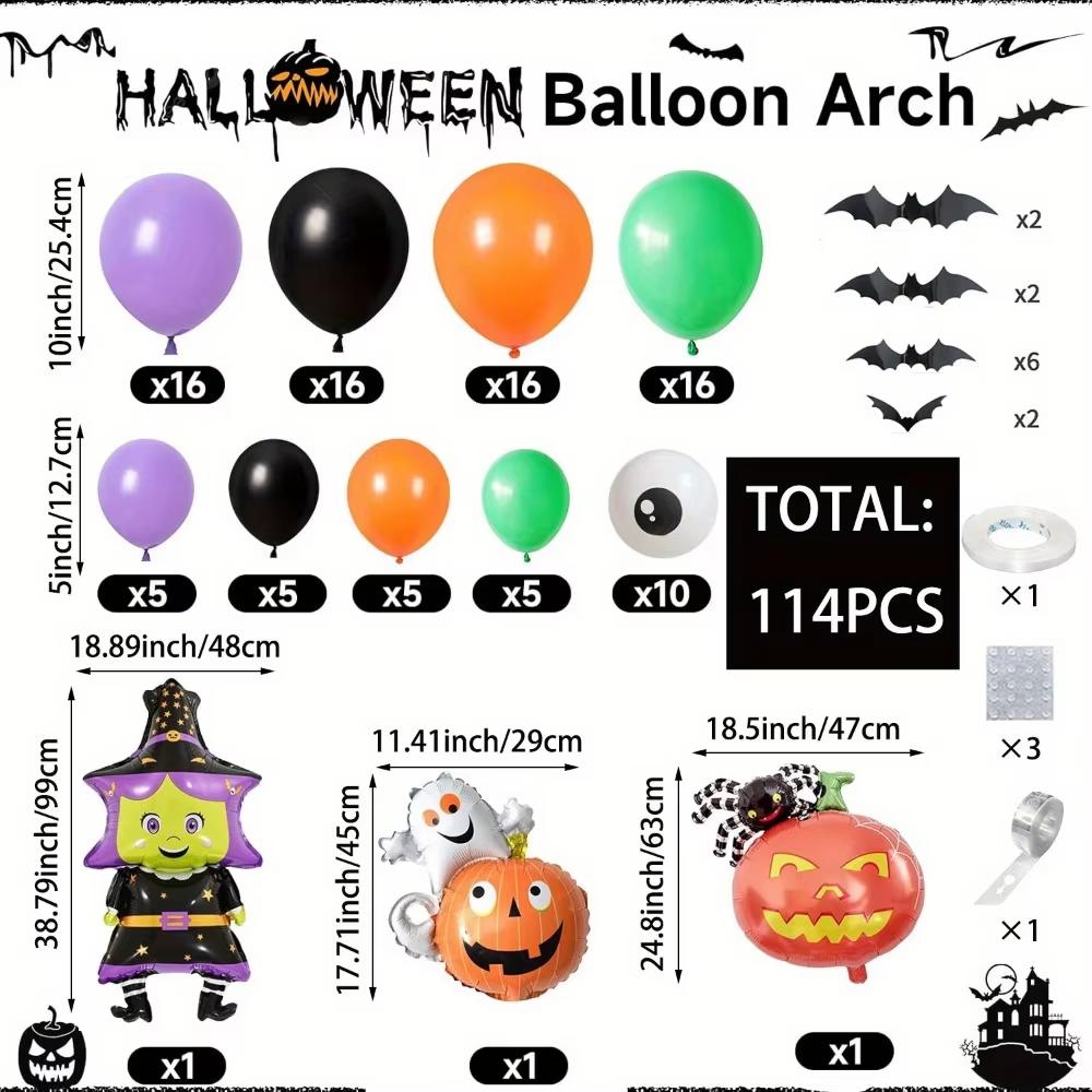 114PCS Halloween Balloon Garland Set Witch/Ghost Pumpkin/Spider Pumpkin Aluminum Film Balloon Halloween Themed Party Decoration