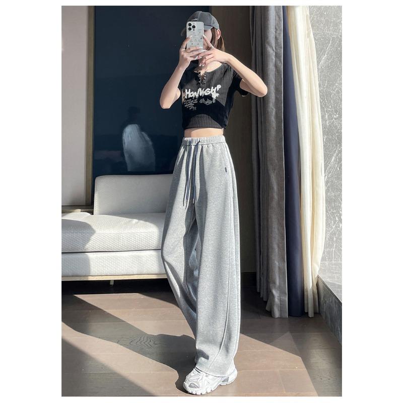Spring Autumn Solid Elastic Waist Wide Leg Pants Women Loose Casual Drawstring All-match Sweatpants Trousers