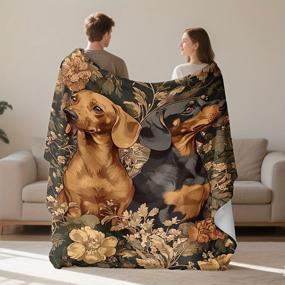 Vintage Dachshund Dogs Floral Frame Throw Blanket - Botanical Fantasy Pattern Cozy Soft Accent for Bed Sofa Office Holiday Gift