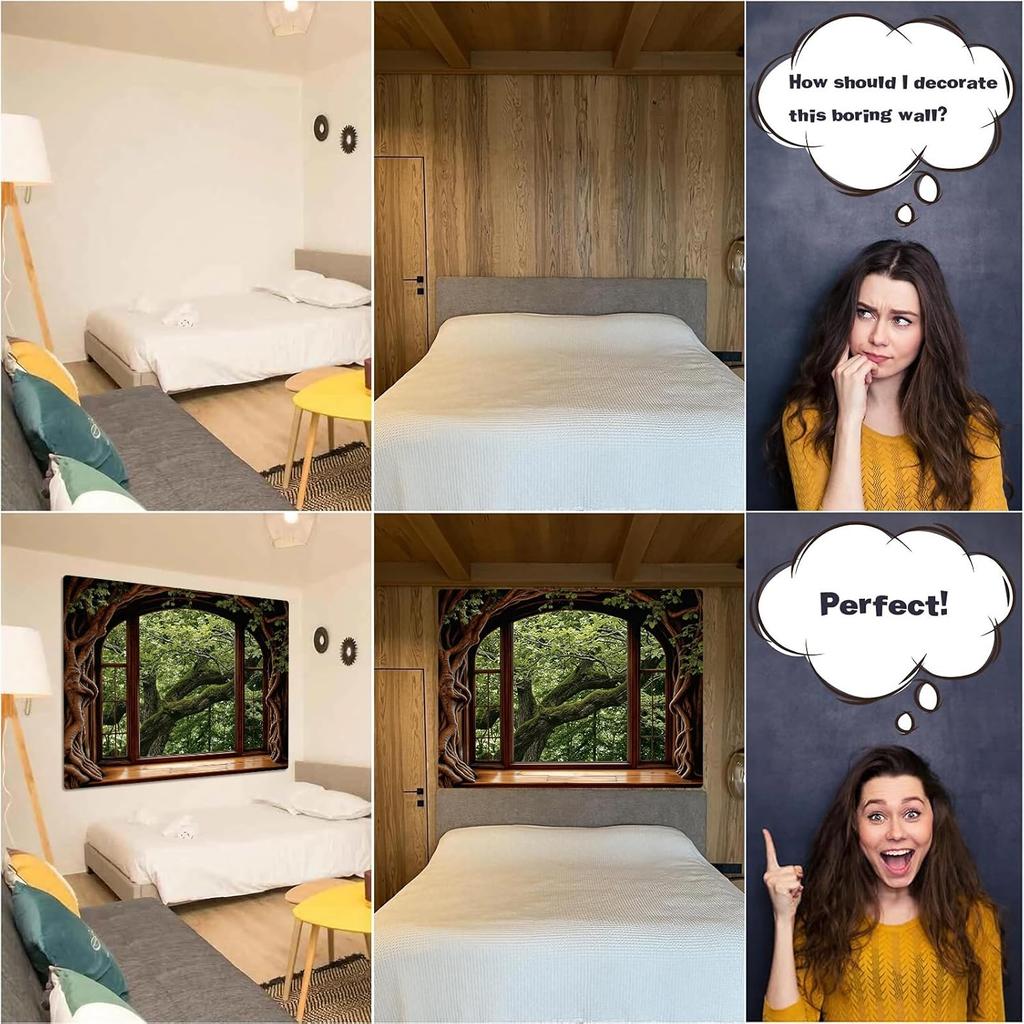 Forest Window Tapestry, Nature Outdoor Tree Wall Backdrop, Woodland Scene Large Mural For Bedroom Living Room Office Decor