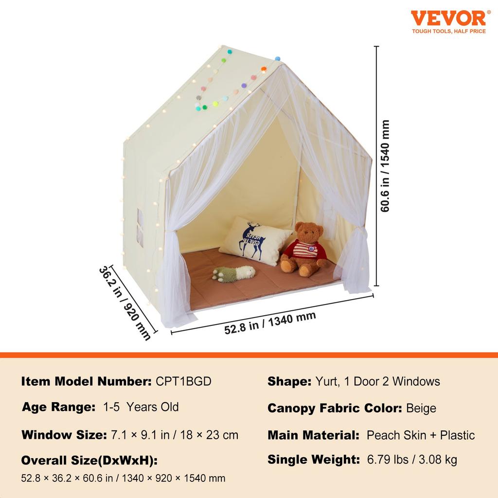 VEVOR Kids Play Tent, Kids Tent for Kids 1-5 Years Old, Toddler Tent with Mat and Tent Lamp, Tent for Kids with Windows for Indoor and Outdoor