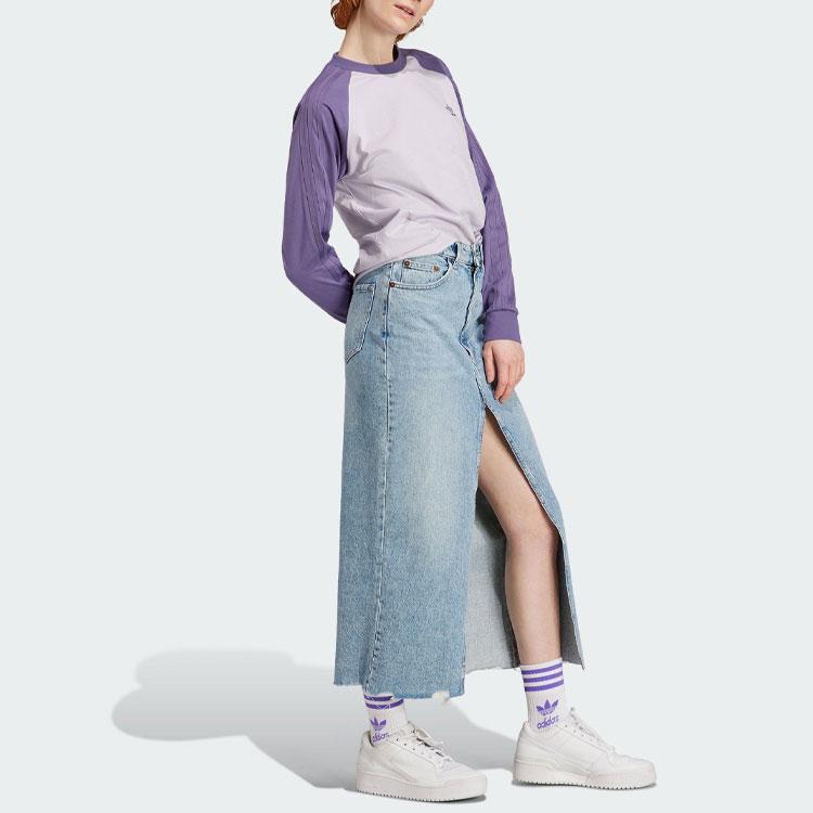 Adidas Originals Long Sleeve Tee With Letter Print American Vintage Color Block Sports Crew Neck Women Tops Purple IN4135