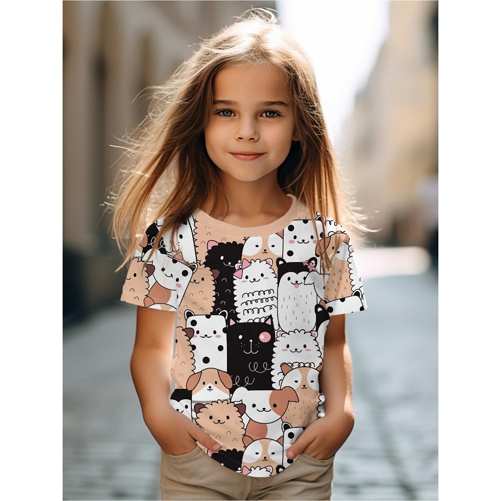 Kids Clothes Cute Cat Graphic T Shirts Short Sleeve Tops Summer Children's T-Shirt Crew Neck Child T-Shirt Cartoon Child T Shirt