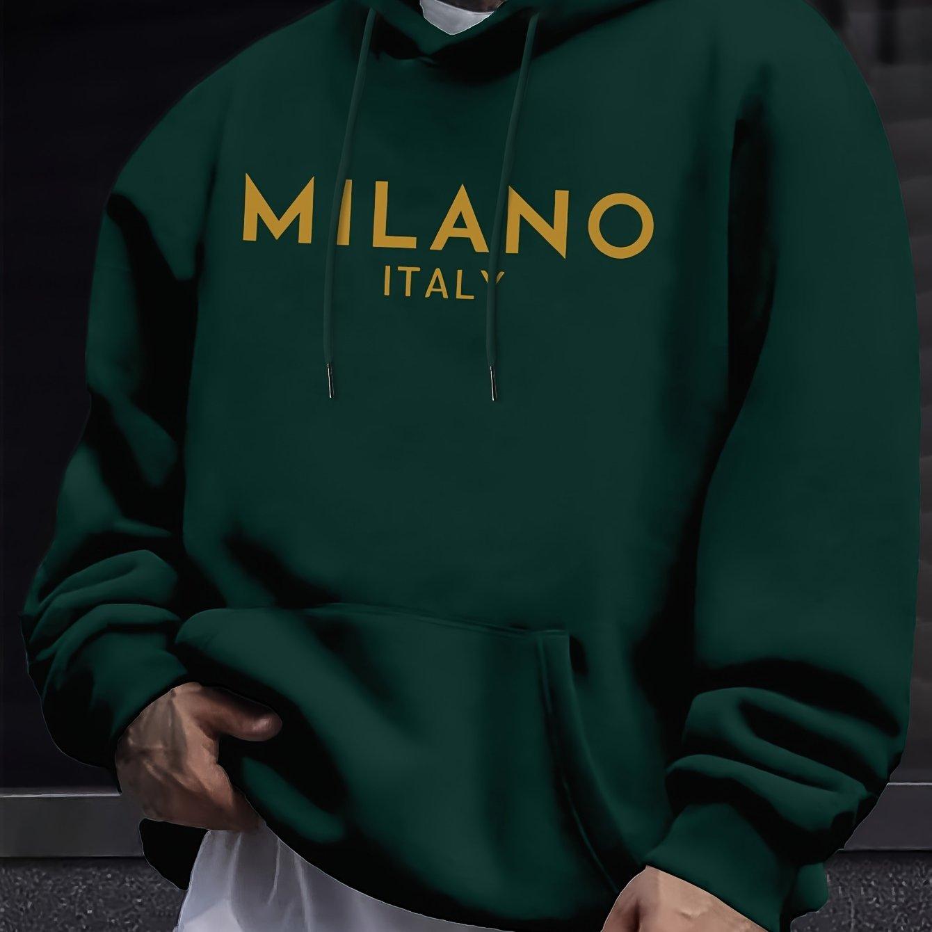 

Men s autumn and winter casual fashion loose MILANO ITALY letter print long sleeved hooded sweatshirt warm pullover 2XL
