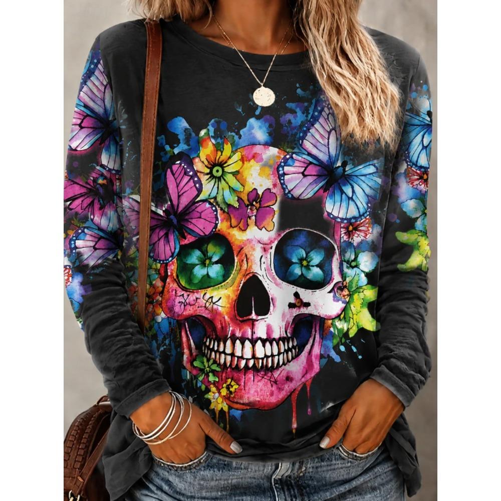 Tops for Women Halloween Print  Round Neck Long Sleeve T-shirt Fall Casual Slim Pullover Women's Long Sleeve Top