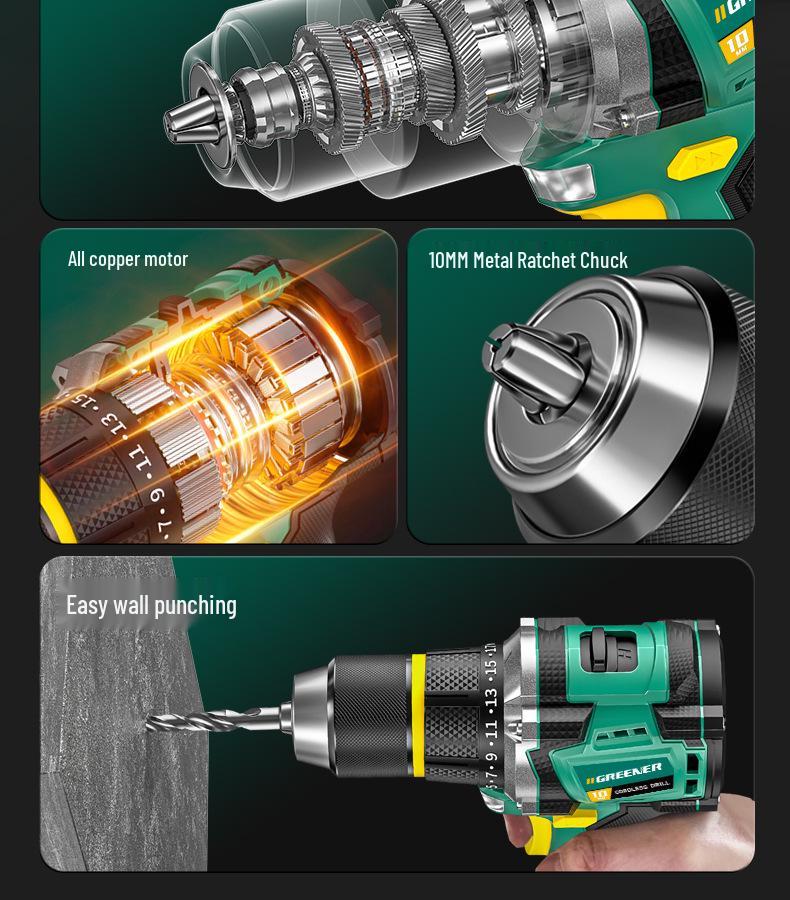 **Green Forest Impact Brushless Lithium Hand Drill: Multi-functional, High Power, Small Household Drill for Wall Chipping and Hole Drilling.**
