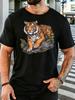 Wild Tiger On Rock Jungle Leaves Graphic Unisexs Short Sleeve Crew Neck Cotton T Shirt Vintage Animal Print Male Nature Casual Top