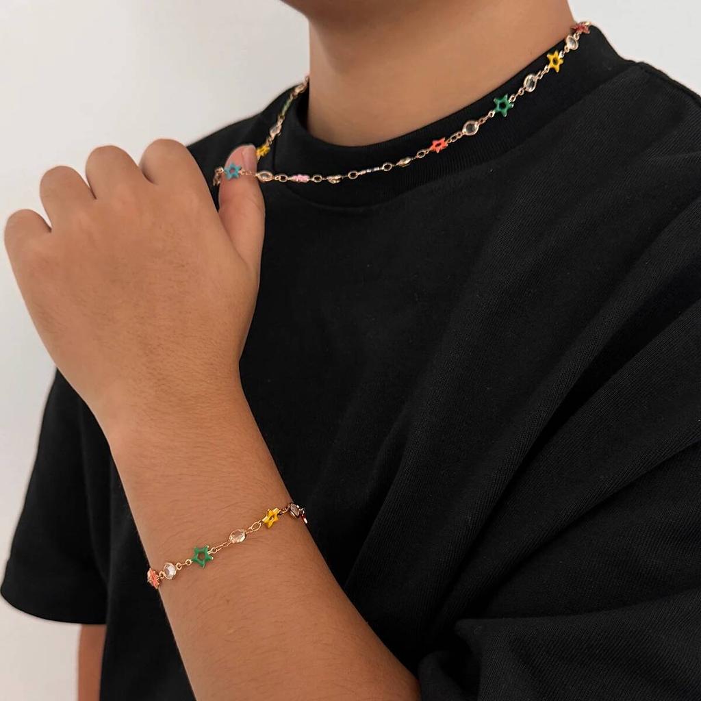 Salircon Elegent Colorful Imitation Crystal Necklace Bracelets Men Trendy Charm Oil Drop Hollow Star Clavicle Choker Y2K Jewelry