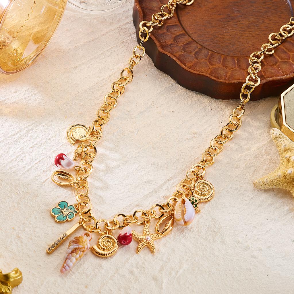 Kadınlar için Bohem Deniz Yıldızı Kabuk Salyangoz Kaplumbağa Kolye Ucu Punk Kalın Zincir Çiçek Choker Charm Yaz Tatili Takıları