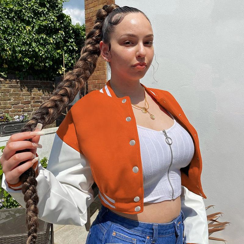 

2026 New Women s Color Block Baseball Jacket, Button Front Short Pilot Jacket for Spring Autumn Casual Wear XL помаранчевий