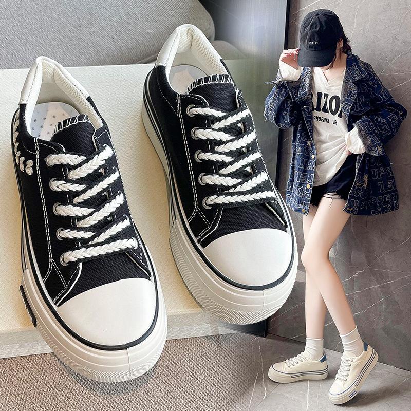 Canvas Shoes Women, Summer Casual Thick-soled Round Head White Shoes Low-top Student Board Shoes