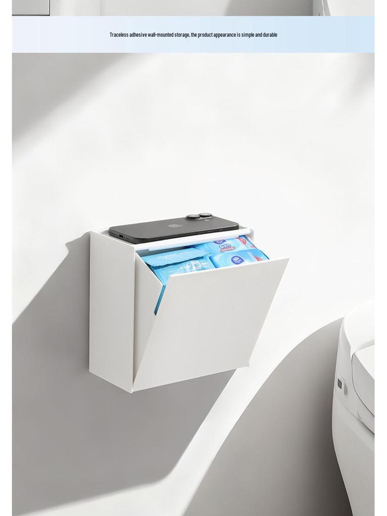 Väggmonterad förvaringsbox för toalettpapper och mensskydd med tipplock, Dammtät organizer, Utan hål