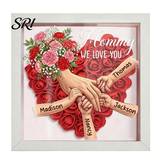 Affichage Photo de Chambre Personnalisé Maman Je T'aime Boîte à Ombre Fleurie Cadre Personnalisé Noms Mains Tenant les Mains Décor Mural de Salon Cadeaux pour Maman