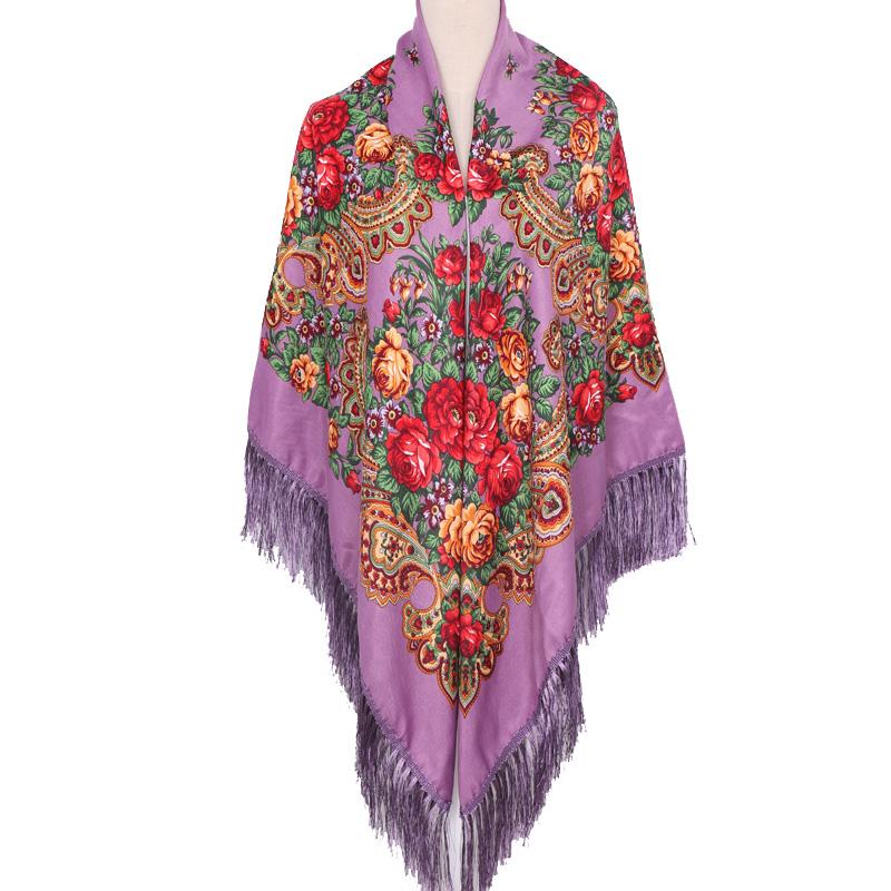 160*160Cm Russian Square Scarf For Woman Warm Tassel Shawls Floral Print Handkerchie Wraps Babushka Bandana Beach Travel Blanket